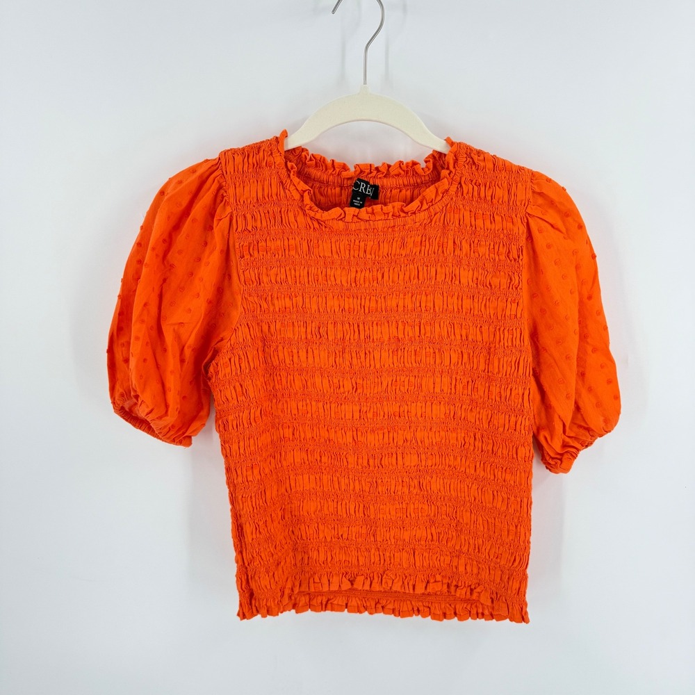 J. Crew Smocked Puff‎ Sleeve Top Orange Medium Swiss Dot Cotton Vibrant Preppy